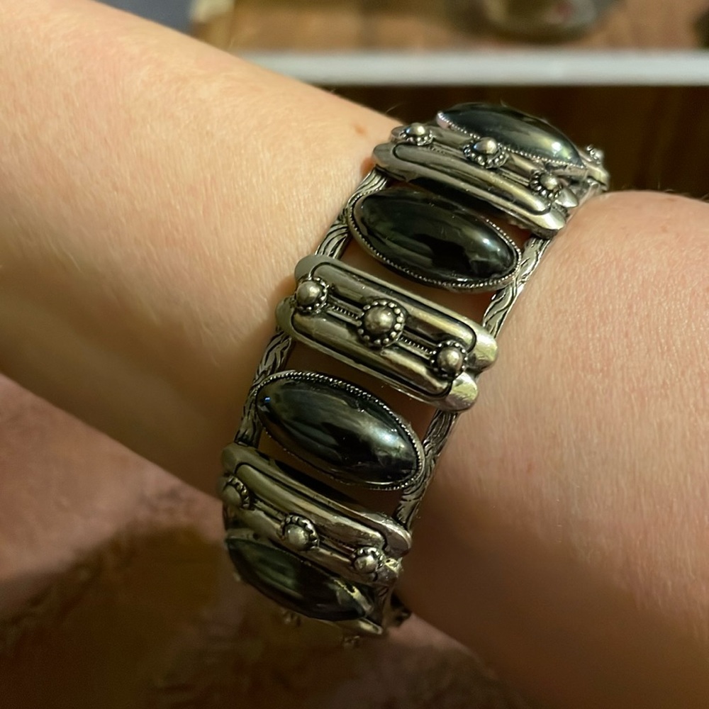 Vintage silver jet black gemstone boho bracelet